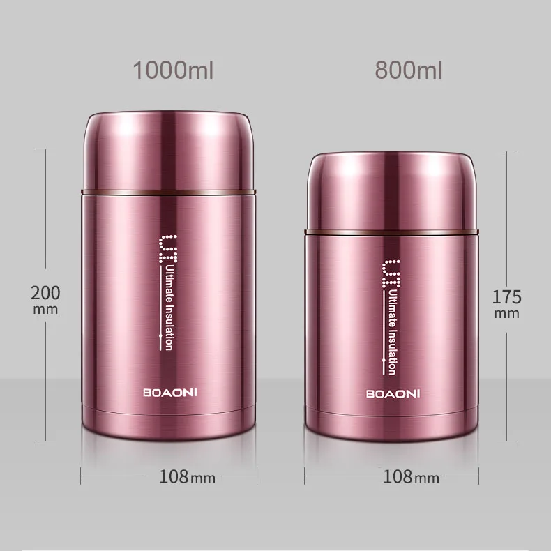 

BOAONI 1000ml Food Thermal Jar Vacuum Insulated Soup Thermos Containers 18/8 Stainless Steel Lunch Box with Folding Spoon