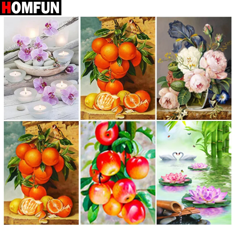 

HOMFUN Diamond Painting Cross Stitch"Apple Orange Lotus flower"5D DIY Diamond Embroidery Full Square/round Rhinestone Of Picture