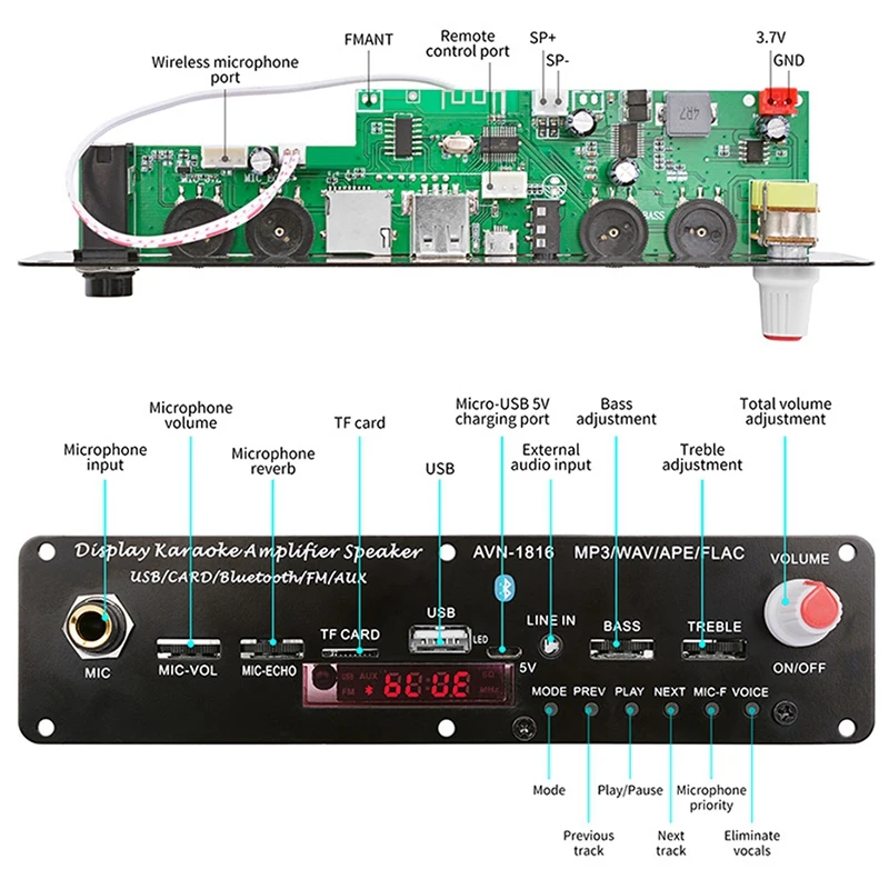 3 7 V Bluetooth усилитель 20 Вт микрофона караоке реверберации Поддержка AUX FM MP3 WAV APE FLAC USB