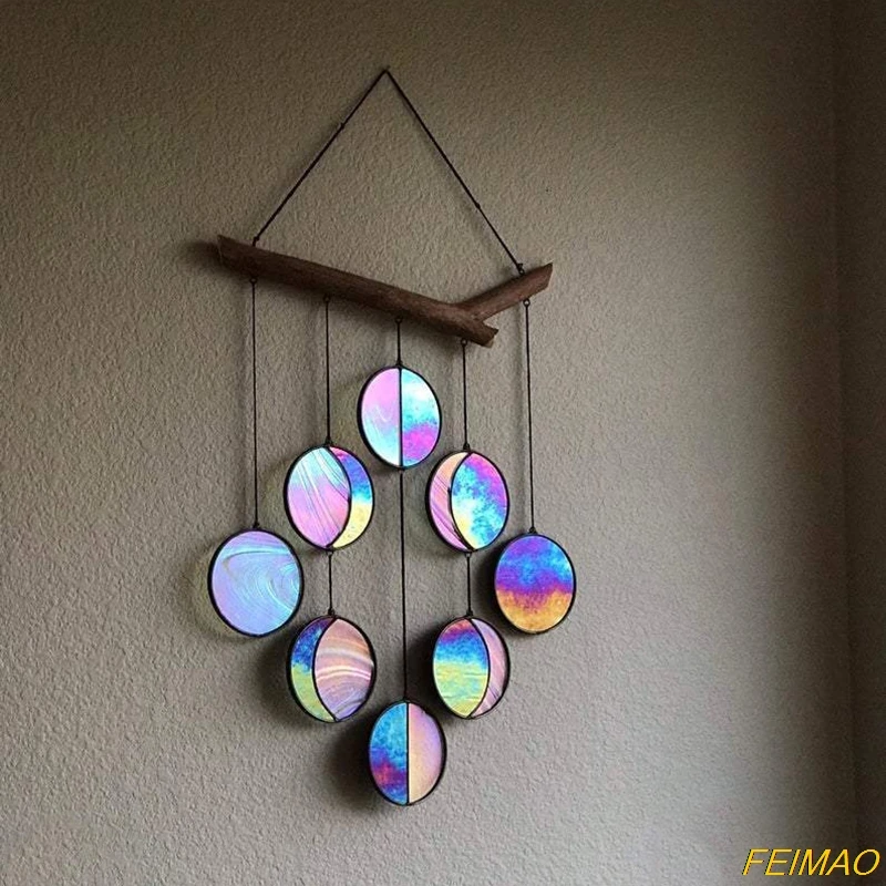 

Clear Rainbow Iridized Moon Phase Art Wall Hanging Stained Glass Moon Wall Decor