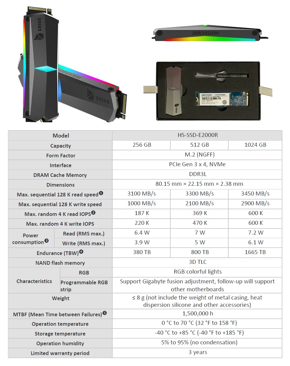 ssd Hikvision RGB 512  256   M.2 ngff Nvme PCIe,    SDD 2280  ,  , TLC