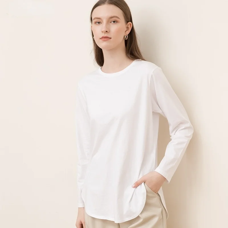 

Donsignet New 100% Cotton Long Sleeve Split Top for Women O Neck Loose Irregular Hoodie Womens Bottoming Shirt