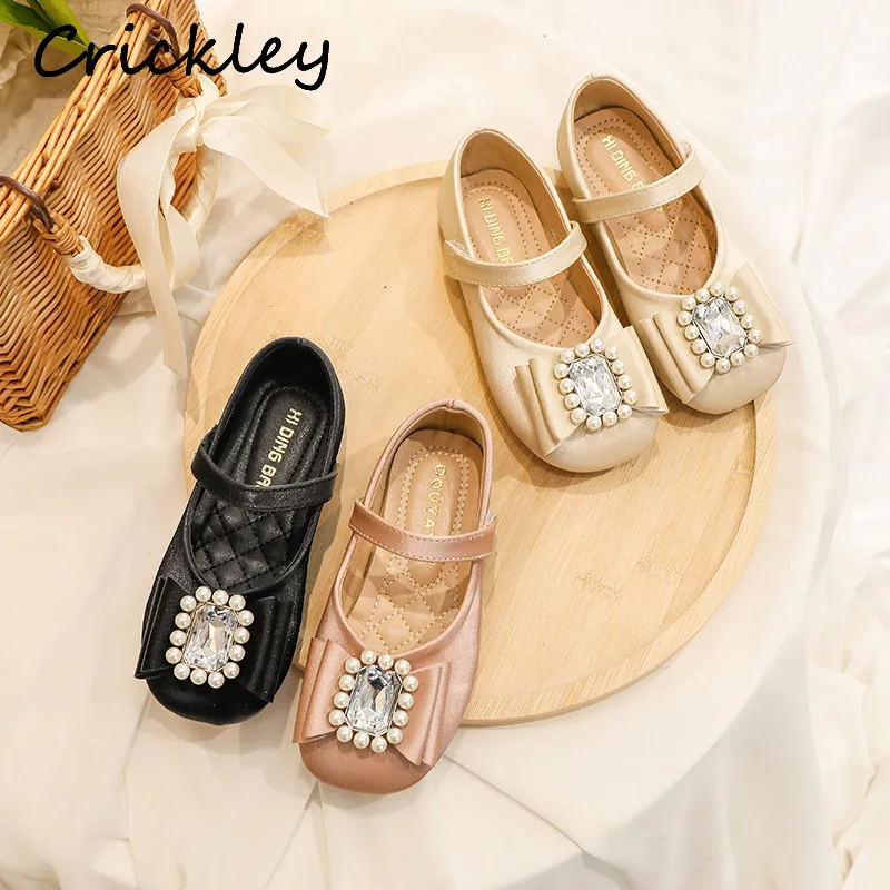 

Spring Autumn Party Crytal Children Flats Princess Bow Loafers Shoe For Girls Soft Bottom Non Slip Toddler Children Mary Janes