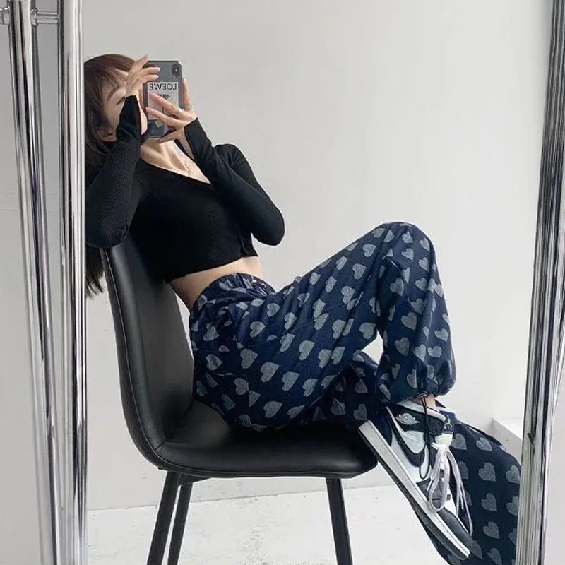 

Japanese Harajuku Blue Heart Print Straight Pants Women Vintage Soft Girl Hip Hop Elastic Waist Sweatpants Korean Student Pants