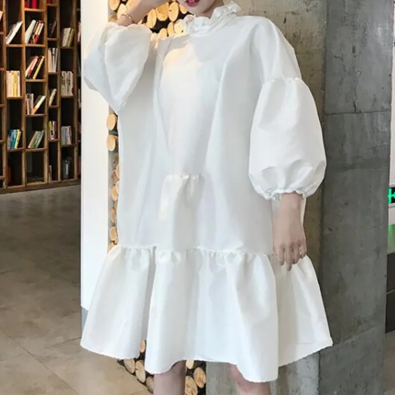 

XUXI Women High Collar Dress, Pleated Sleeve Dress, Big Hem, Japanese Style, Spring 2021, E235