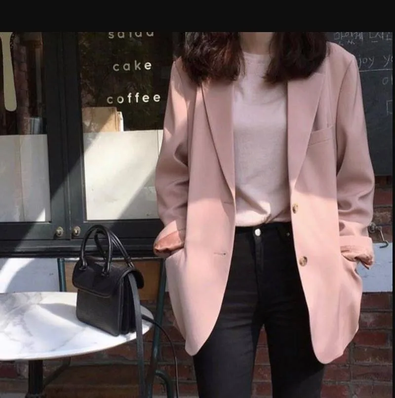 

Autumn Winter Women Pink Korean British Style Suit Single Breasted Notched Casual Office Wear One Piece Blazers