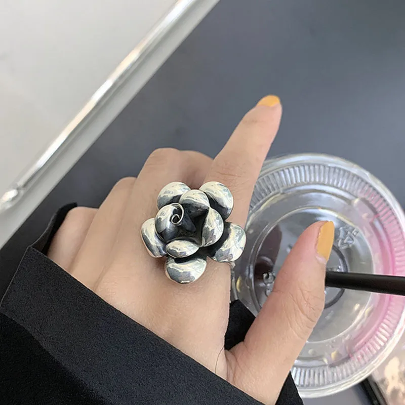 

BLACK ANGEL Vintage Thai S925 Silver Exaggeration Rose Flower Rings New Fashion Creative Punk Party Jewelry Gifts for Women