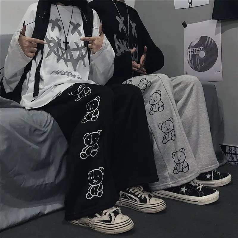 

Korean Wide Leg Pants Cartoon Bear Print Harajuku Trousers Women Streetwear Punk Vintage 3 Color Dropshipping Sweatpants Clothes