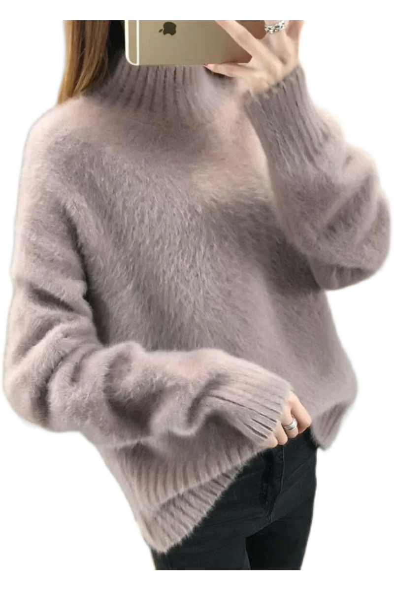 

Imitation Mink Wool Pullover Sweater Women Sweaters Loose 2020 New Half High Neck Thick Long Sleeve Sweater Winter