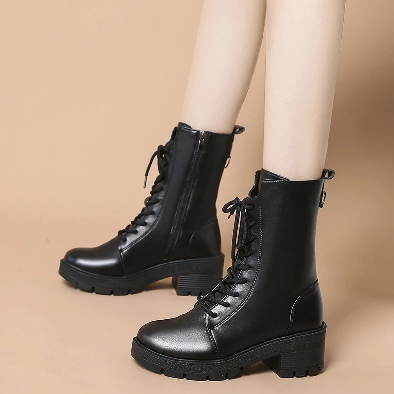 

2021 Women Lace Up Ankle Boots Ladies PU Leather Block High Heels Female Leisure Zipper Shoes Woman Autumn Winter Footwear