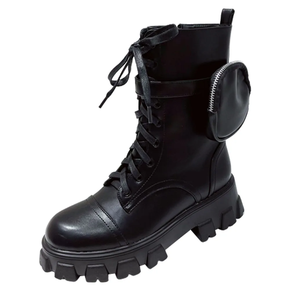 

BONJOMARISA Brand Fashion Luxury Platform Chunky Pocket Bags Lace Up Motorcycle Combat Boots Cool Punk High Quality Women Boots