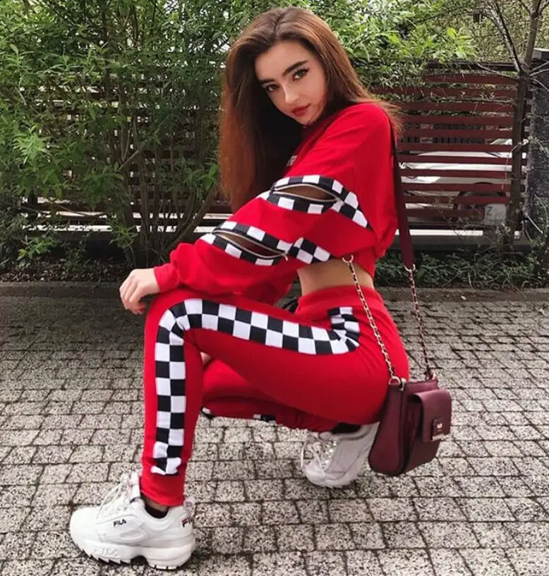 

winter running gym plaid hoodies women Autumn zipper casual suit long sleeves matching color all match stylish street Tartan