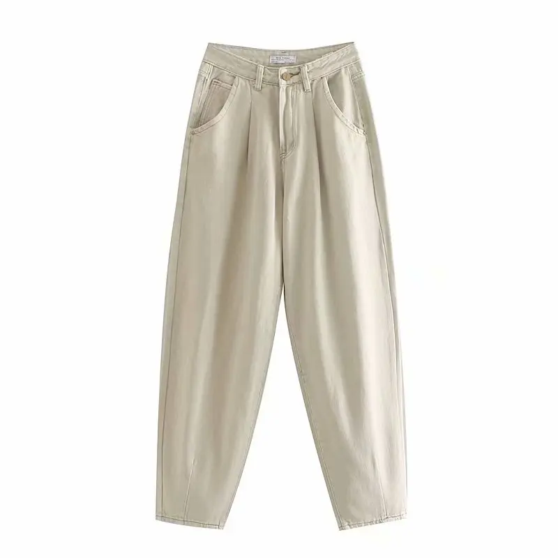 Модные плиссированные джинсы МОМ женские свободные брюки цвета хаки уличная