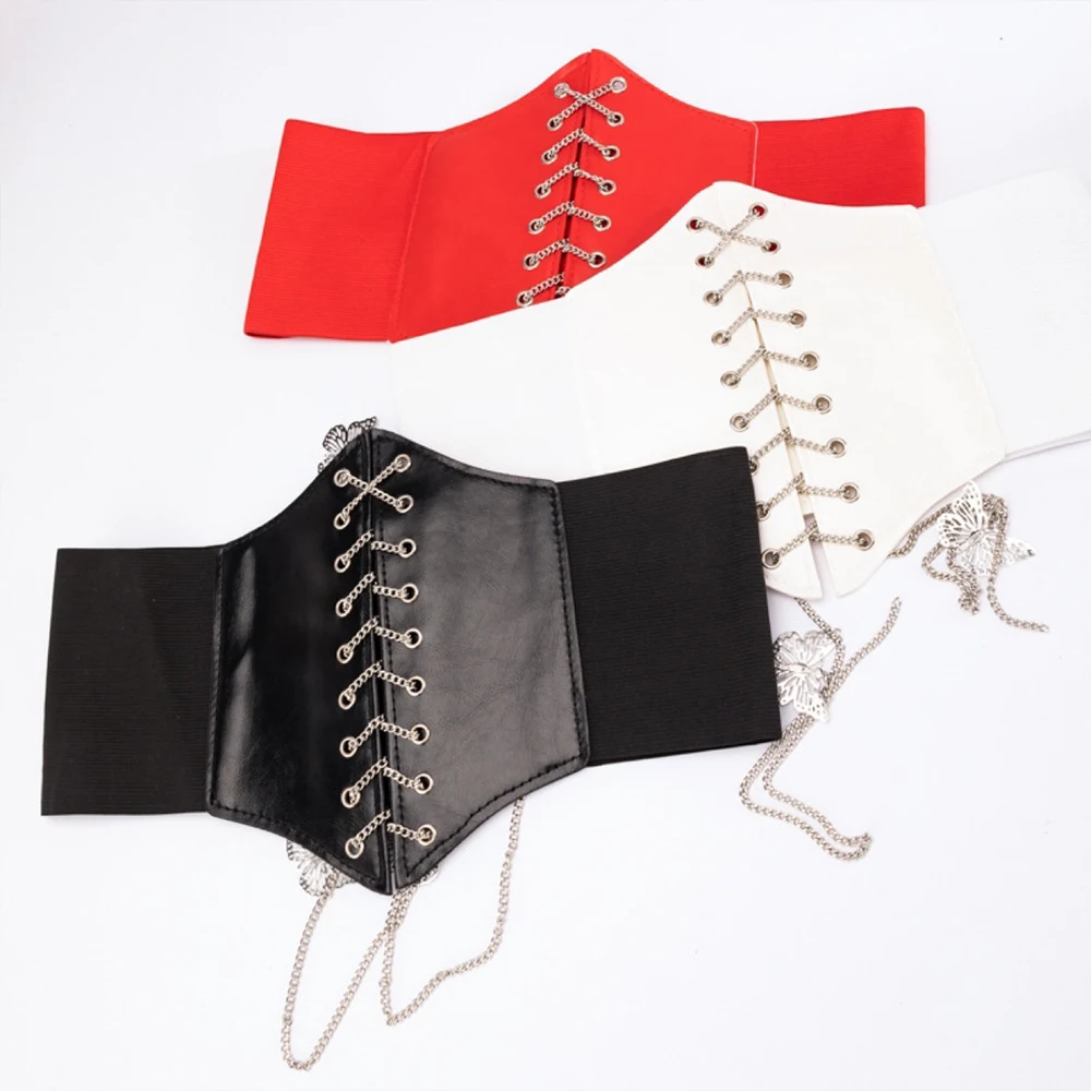 Black Corset With Butterfly Chain Gothic Pu Leather Slimming Body Belts Women Elastic High Waist Feminin Ceinture Femme VD2597