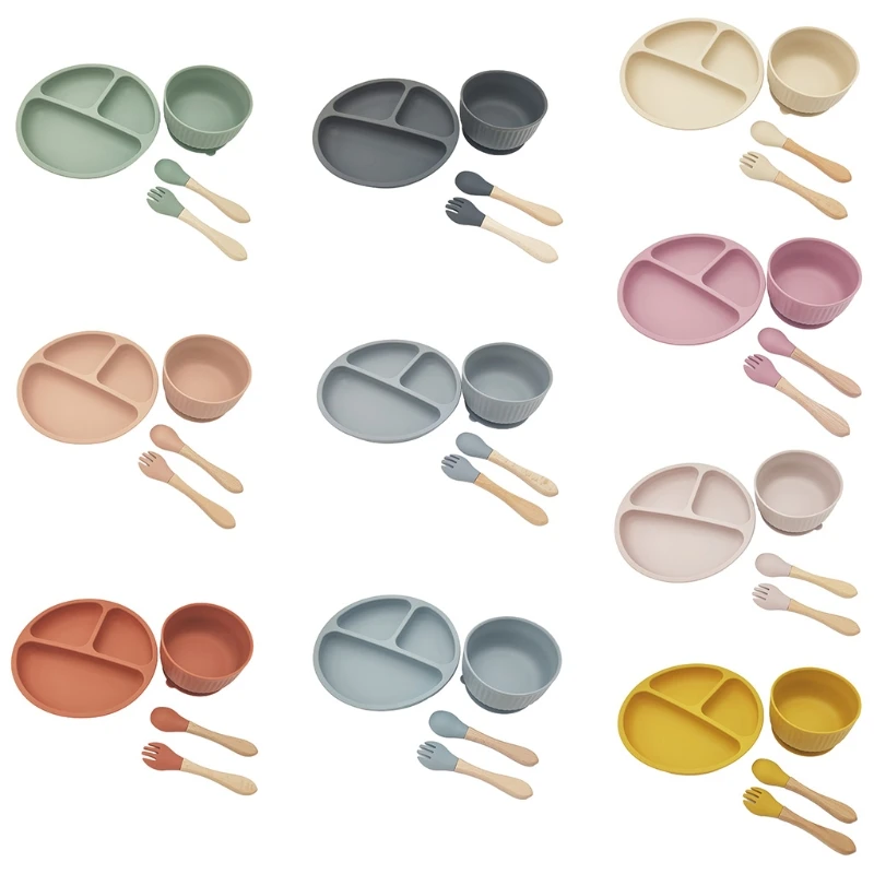 

4 Pcs Baby Silicone Divided Dinner Plate Sucker Bowl Spoon Fork Set Training Feeding Food Utensil Dishes Tableware Kit for Newbo