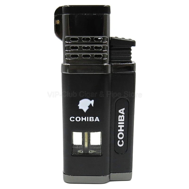 Black Cohiba Металл 4 фонарь Jet пламя сигарета зажигалка многоразового использования с перфорацией портативный инструмент для курения на открытом воздухе - Цвет: Black