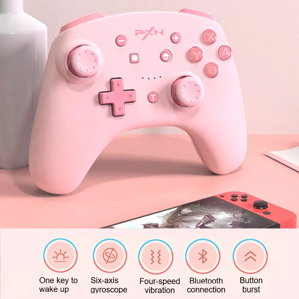 

For Nintendo Switch Controller Game Gamepad Bluetooth-compatible For PXN Switch Lite/PC USB Data Cable Remote NFC/Amibo Pink