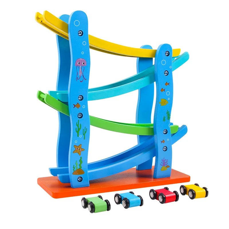 

Children Boy Gifts Baby Kids Wooden Ladder Gliding Car Wooden Slot Track Car Toys Educational Model To Slide Toy
