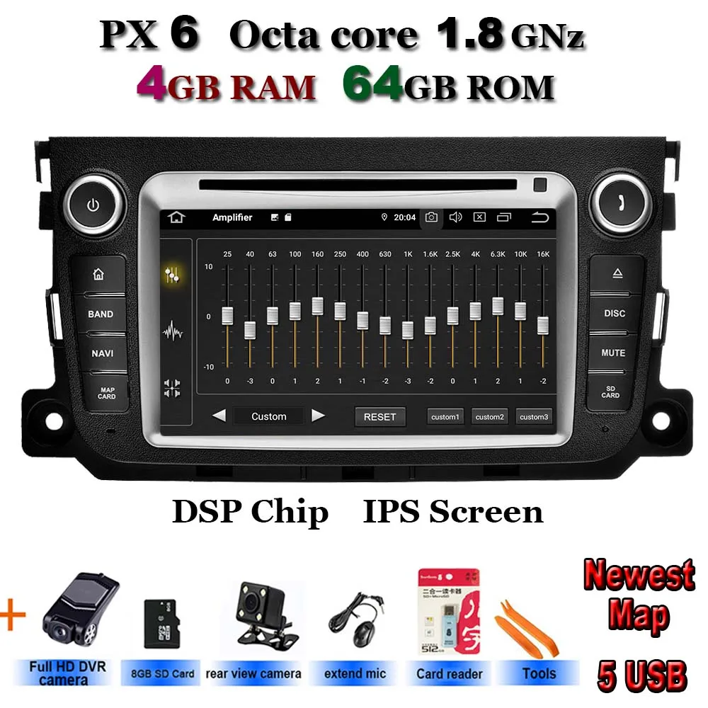 Android 9,0 Mercedes/Benz Smart Fortwo 2011 2012 2013 автомобильный dvd плеер Автомобильный RDS стерео gps Видео 5USB DSP ips - Цвет: PX6 Rear-DVR cams