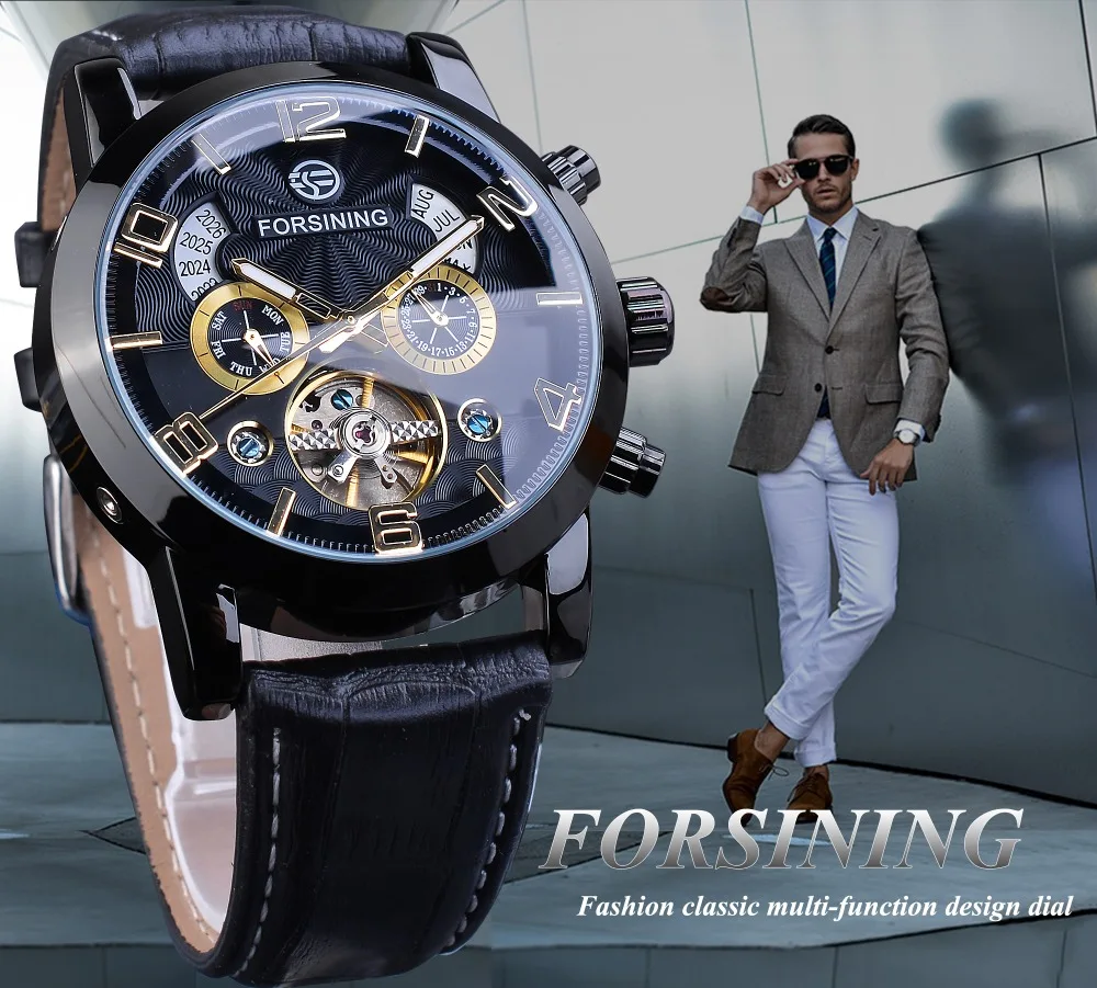 Forsining Tourbillion модные волны черный золотой часы многофункциональный дисплей Мужские автоматические механические часы лучший бренд класса люкс