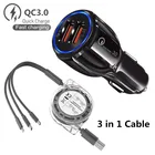 Автомобильное зарядное устройство с двумя USB разъемами для прикуривателя, быстрое зарядное устройство, адаптер USB 3 в 1, кабель USB C для iphone, Samsung, Xiaomi, huawei