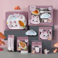 cartoon childrens tableware set baby eating bowl training supplementary food bowl cow cat rabbit baby dinner plate fork spoon