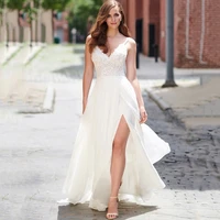 eightree sexy v neck white wedding dresses applique lace chiffon backless slit side a line bridal ball gown dress custom size