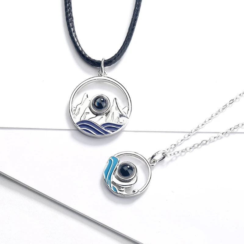 

2Pcs 100 Different Language I Love U Nanotechnology Lover Pendant Necklace Mountain Range Ocean Wave Lovers Jewelry Set