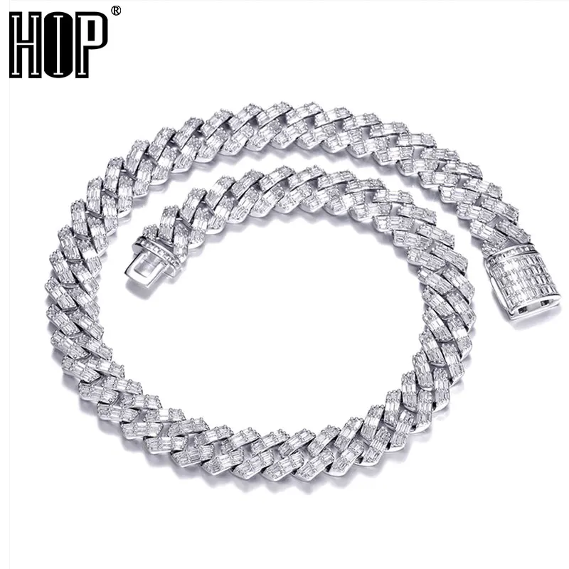 

Hip Hop 15MM 3 Row Baguette Prong Cuban Chains Bling Iced Out CZ Setting AAA+ Cubic Zirconia Box Buckle Necklace For Men Jewelry