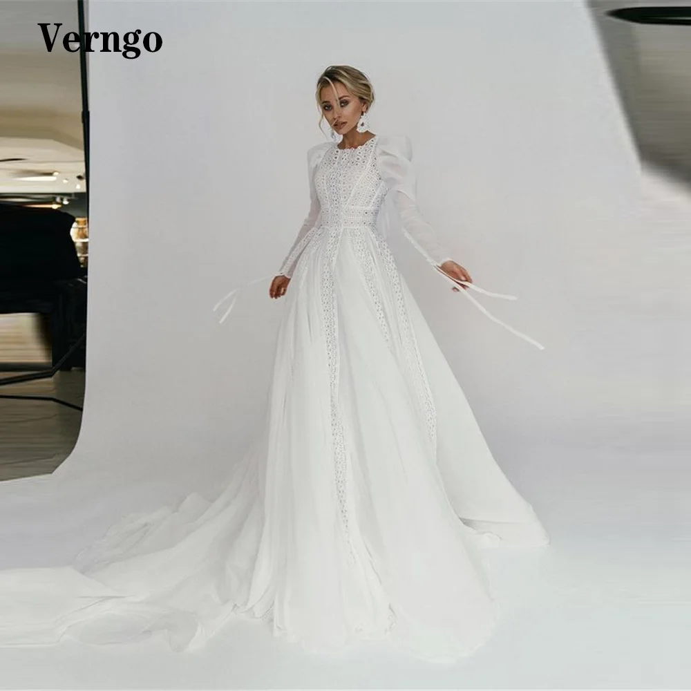 

Verngo Modest A Line Lace And Chiffon Wedding Dresses Boho Long Sleeves O-Neck Sweep Train Bohemain Bridal Gowns Robe de mariage