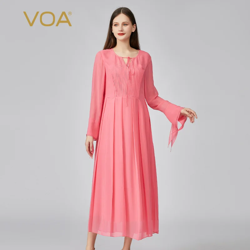 

VOA Sweet V-Neck Lace Folds Pink Georgette Silk Woman Party Dress Elegant Flying Long Sleeves Office Lady Pleated Dresses AE1150