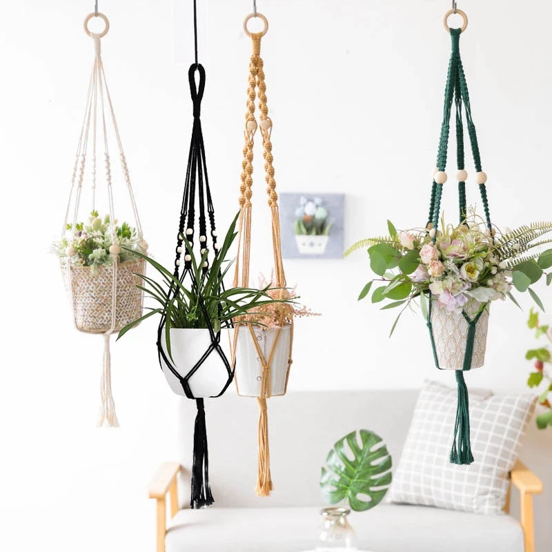

New arrival macrame plant hanger green yellow beige with bean green yellow black