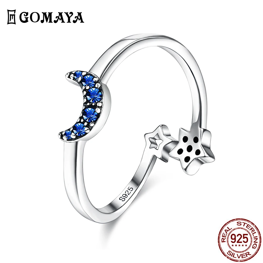 

GOMAYA Real 925 Sterling Silver Ring Sparkling Blue Moon Star Open Adjustable Finger Rings For Women Wedding Engagement Jewelry