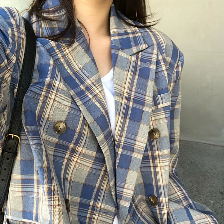 

Vintage Loose Women Clothing Plaid Blazer Autumn Chic Double Breasted Female Long Sleeve Suit Jackets Stylish Ladies Blazer 2020