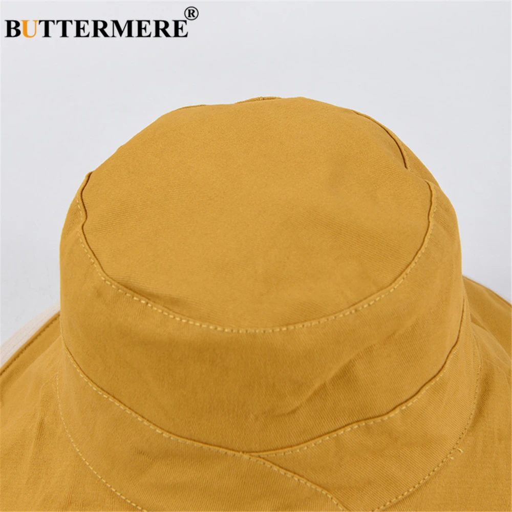 BUTTERMERE Double-sided Reversible Women Bucket Hat Cotton Black Wide Bim Sun Protection Caps for Ladies Solid Fisherman Hat