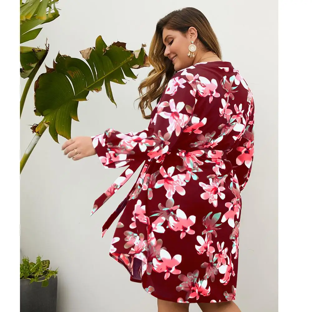 

Autumn Plus size Floral Print Dress Women Casual Loose V neck Big Size Print Dress Bohemian Female Large Size Beach Dress XL-4XL