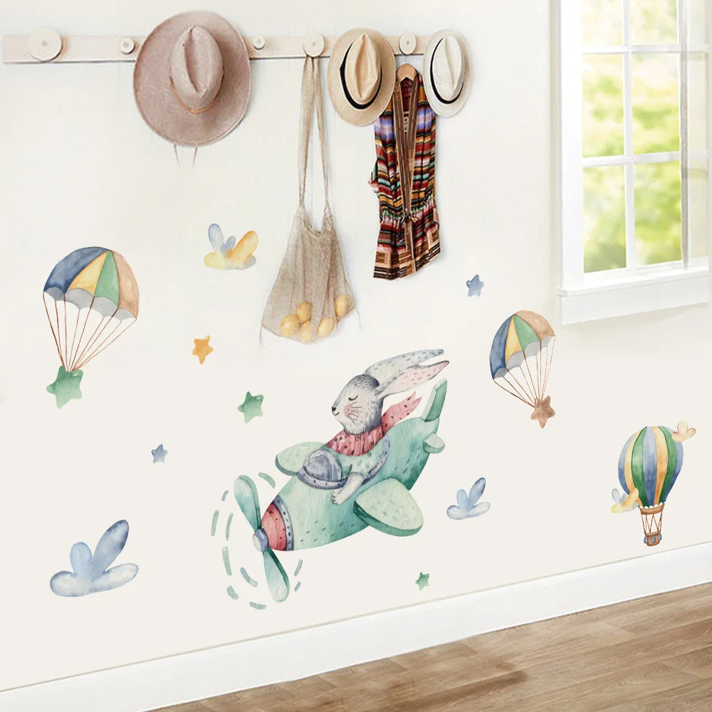 Креативные Мультяшные виниловые наклейки на стену кролик летающий самолет милые