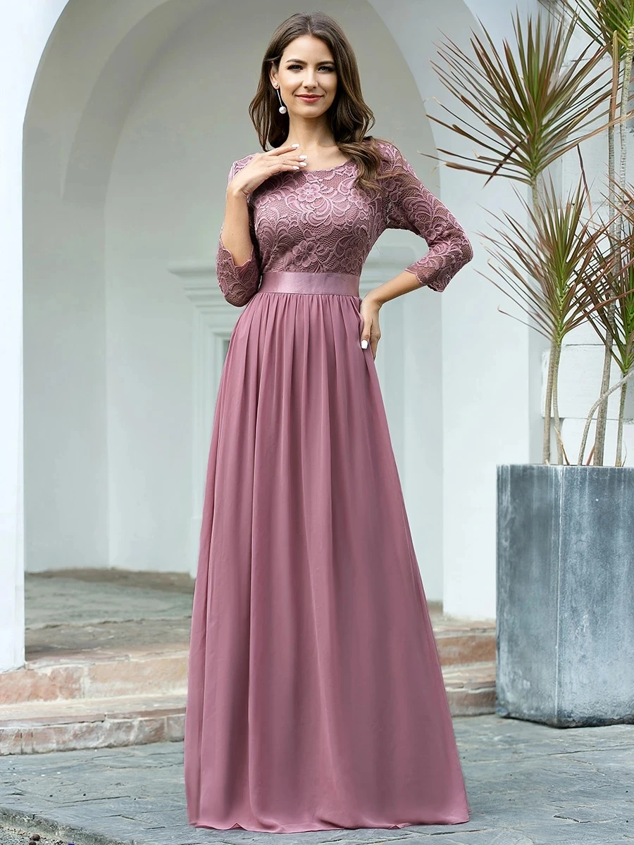 

Elegant Empire Waist Wholesale Bridesmaid Dresses with Long Lace Sleeve