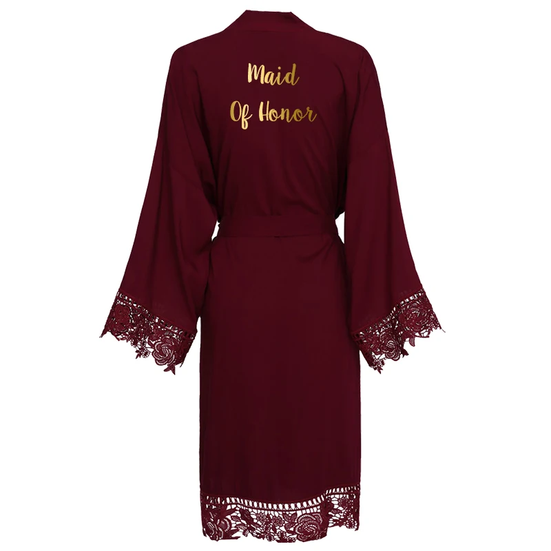 burgundy maid honor YUXINBRIDAL, новинка, темно-синее однотонное хлопковое кимоно, халаты с кружевной отделкой, женский свадебный халат для невесты, халат, одежда для сна, белое платье для подружки невесты - Цвет: burgundy maid honor