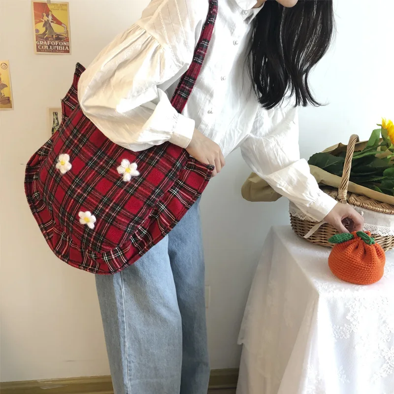 Youda Original Simple Plaid Design Tote Woolen Fabric Pleated Edge Literary Ladies Shoulder Bag Female Student Shopping Handbag