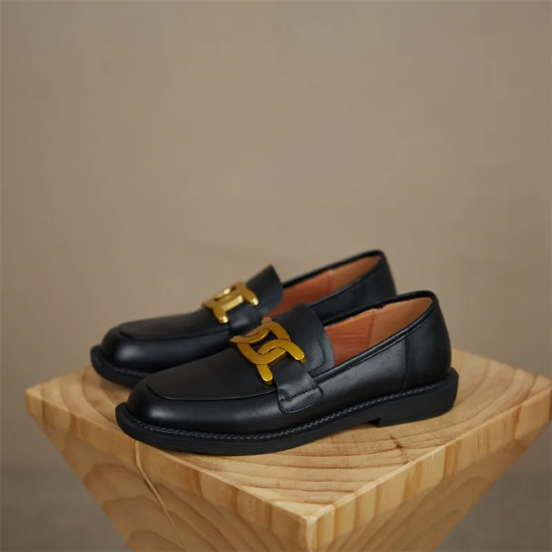 

Meotina Women Loafers Shoes Natural Genuine Leatehr Flats Shoes Metal Decoration Round Toe Shoes Slip On Casual Footwear Black