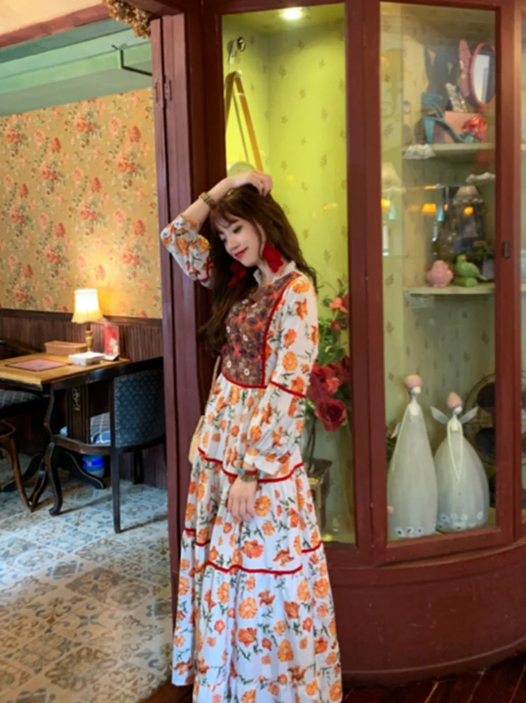 

Fashion Printed Maxi Dress Fairy Bohemian Ethnic Style Travel Holiday Embroidery Dress 2021 Summer Full Sleeve Temperament Dress