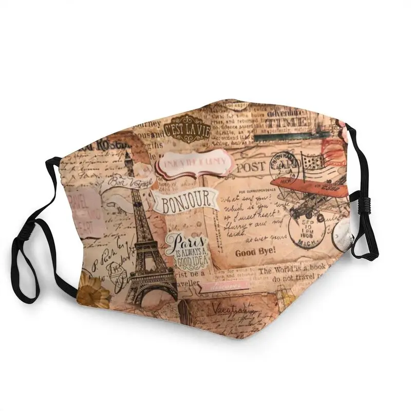 

Vintage Traveler Eiffel Tower Breathable Face Mask Unisex Adult France Paris Mask Haze Protection Cover Respirator Mouth Muffle