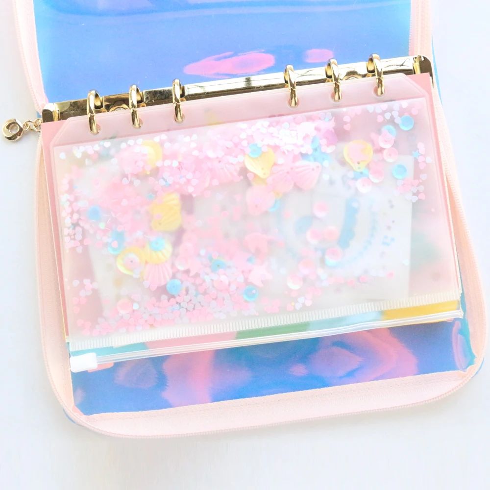 Domikee cute laser transparent PVC zipper refillable binder spiral notebooks kawaii office school unicorn notebook stationery A6 |