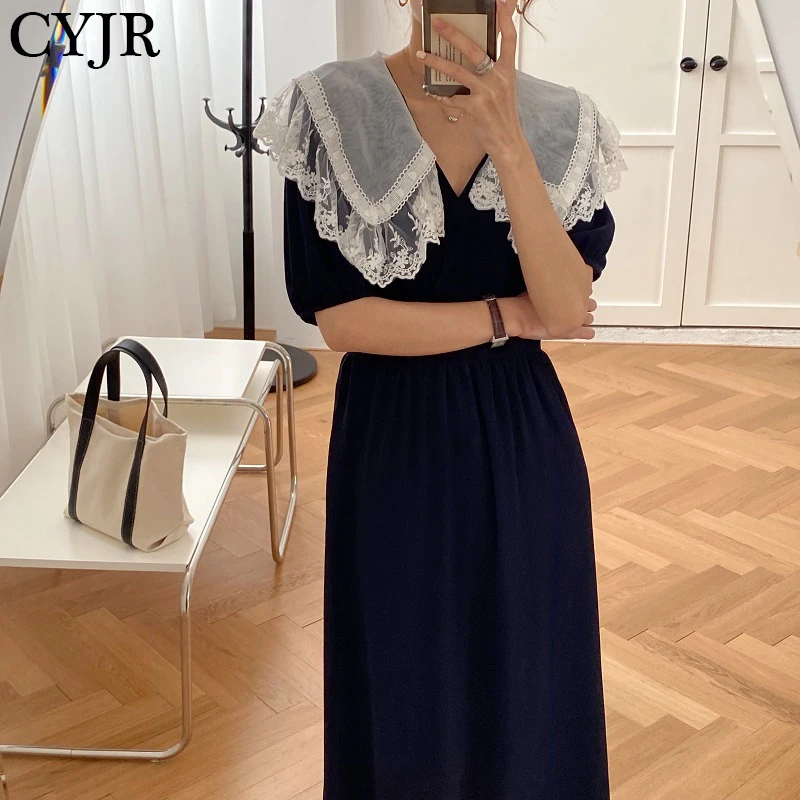 

Vinatge Elegant Organza Doll Lace Collar Dress 2021 New Summer Korean Style Maxi Dress Party Black Dresses Vestidos