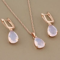 new trendy long water drop dangle zircon earrings jewelry sets for women rose gold color korean fashion wedding jewelry
