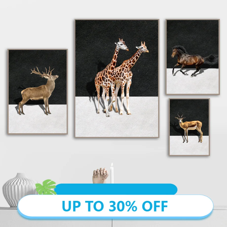 Картина на холсте жираф олень лошадь животные настенные художественные плакаты