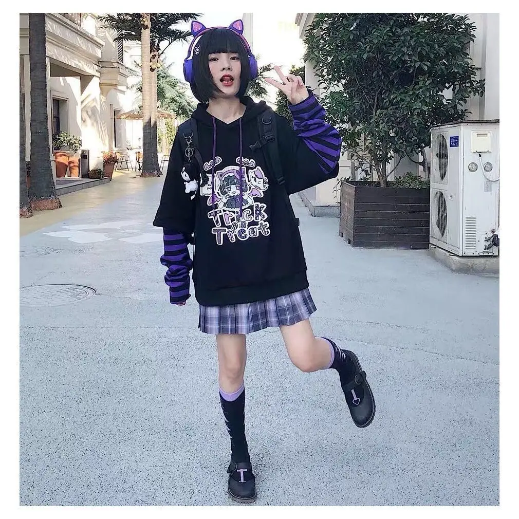

Kawaii Harajuku Autumn Winter Hoodie Woman Cute Cartoon Anime Gothic Print Stitching Long-Sleeved Sweatshirt Pullover Tops 2021