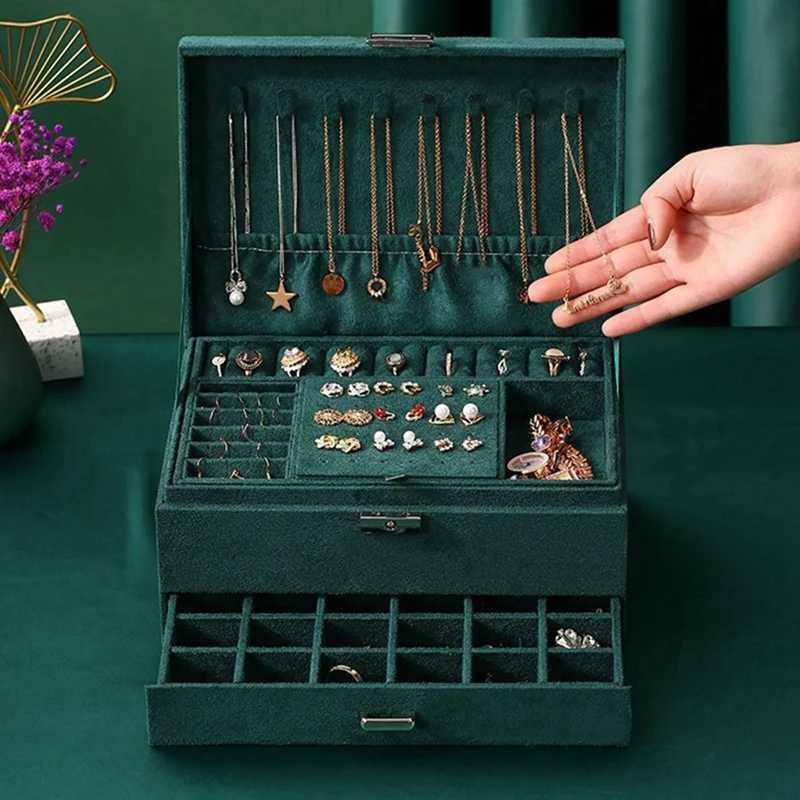 

2 Pcs Jewelry Organizer: 1 Pcs Arched Jewelry Box Pink & 1 Pcs 3-Layers Green Stud Jewelry Box with Lock