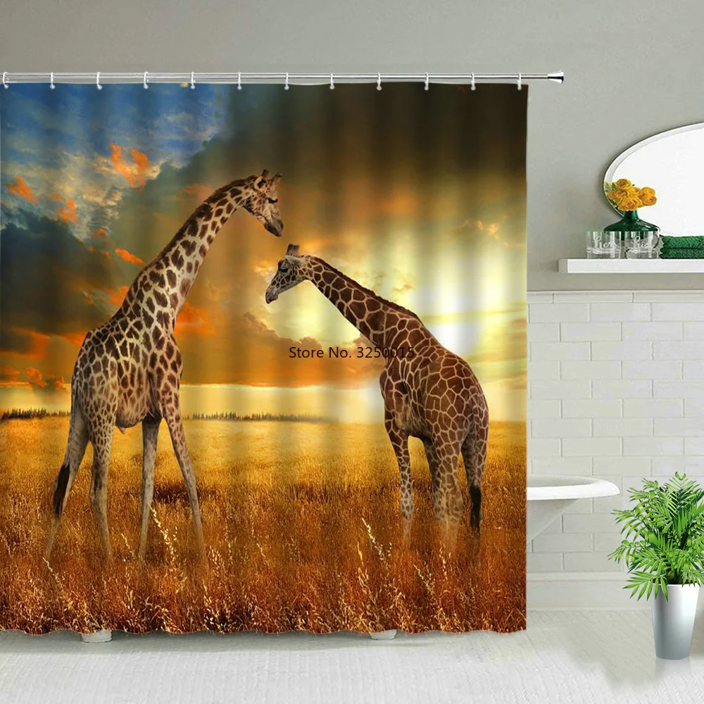 

African Animal Elephant Lion Tiger Giraffe Pattern Shower Curtain Leopard Wolf Bathroom Bathtub Decor Gift Waterproof Curtains